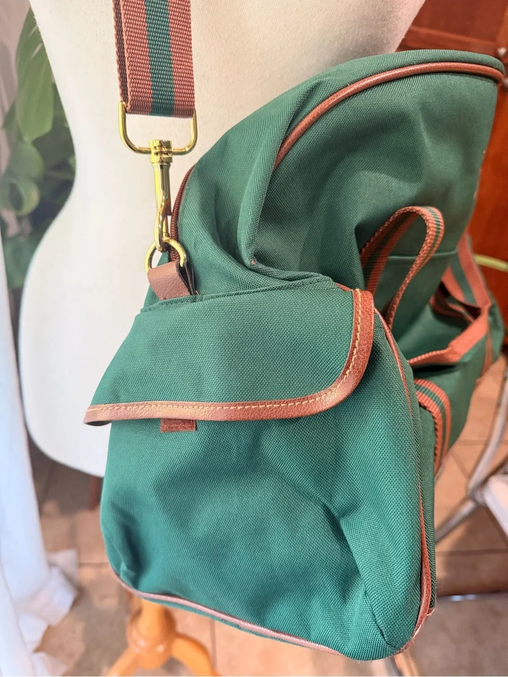 Polo Ralph Lauren Green Canvas Duffle Bag Leather Trim